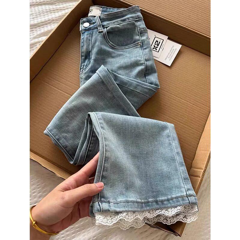 Women's Plus Size Lace-Trimmed High-Waisted Flared Jeans - Slimming, Loose, and Straight-fit for Spring