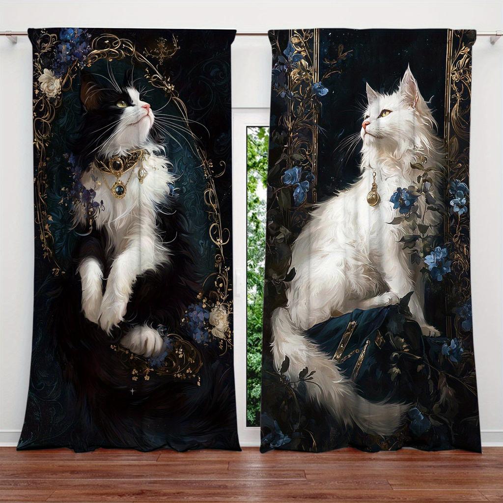 Black White Cat Print Curtains Polyester Stylish Bedroom Office Kitchen Living Room Study Decor Set Of 2 Made With Rod Pocket Great