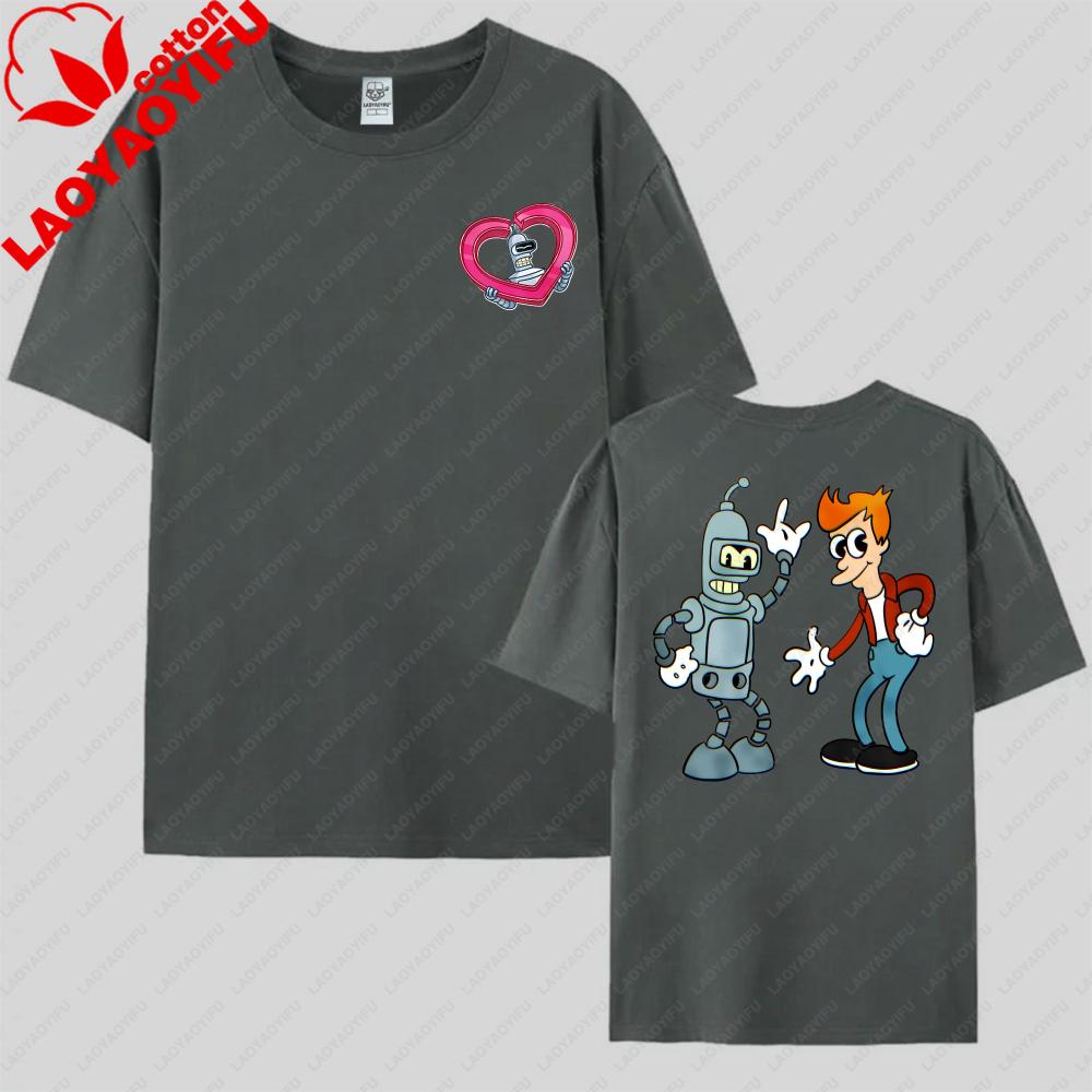 Funny Futurama Tees Robot and Boy Cartoon Design Unisex Cotton TShirt Casual Summer Wear Trendy Graphic Tee for Unisex Women