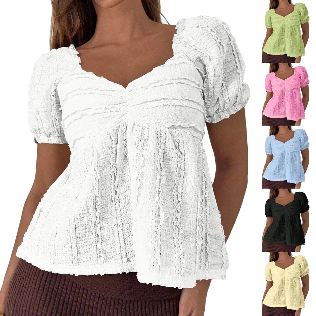 Maglietta da Donna con Scollo a V alla Moda Minimalista con Maniche a Sbuff