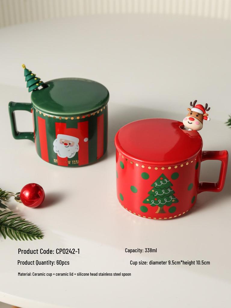 Cute Elk Christmas Ceramic Mug Set with Lid & Spoon - Perfect Holiday Gift