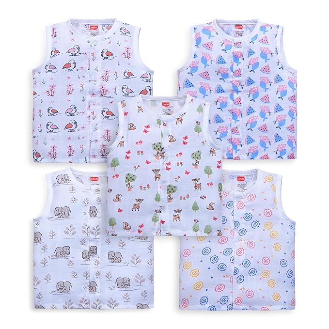 LuvLap Baby Boys & Girls Regular Fit Cotton Sleeveless Jhabla Set, Soft Muslin Fabric, Breathable Everyday Wear, 5 PCS