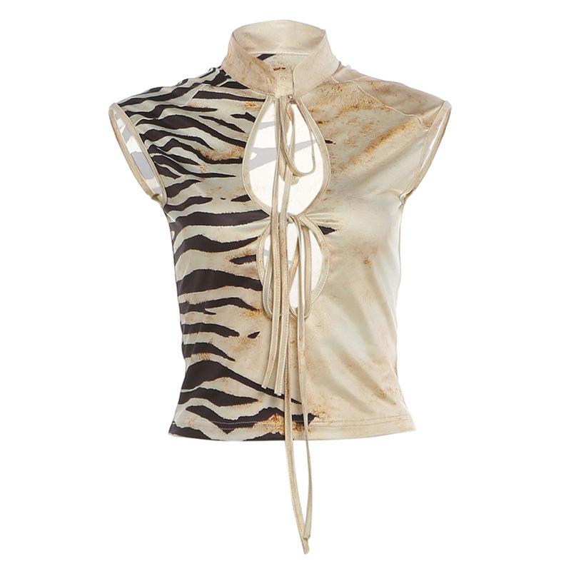Spring and summer new women s clothing sexy Spice girls stand-up collar lace-up hollow slim-fit printed top women S абрикосовый