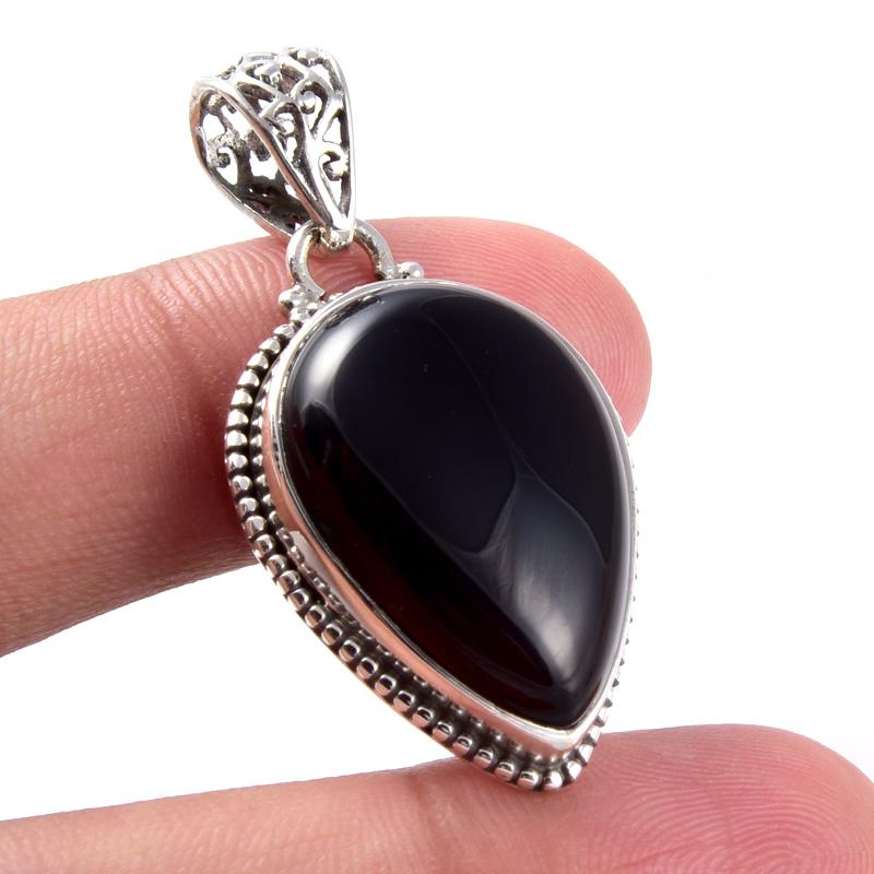 Natural Black Onyx Gemstone 925 Solid Sterling Silver Jewelry Pendant 1.7'' q6K06