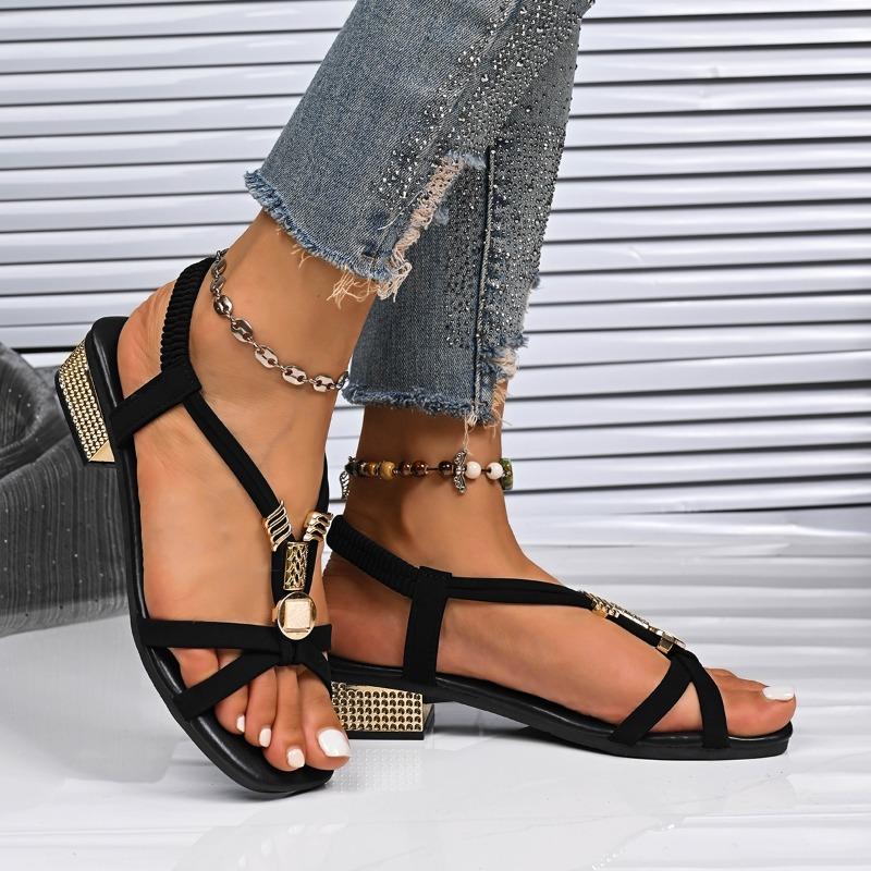 Fashion Bohemia Metal Flower Decoration Cross Strap Sandals Women 2025 Summer Medium Heel Sandals Fashion Slip on Beach Shoes Women