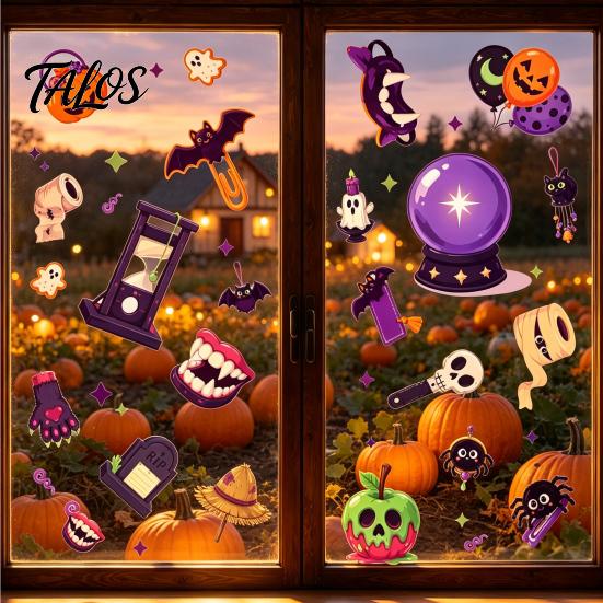 PVC Decorative Clings 2Pcs Halloween Static Window Clings, Glass Sticker with Pumpkin Ghost Bat Seasonal Home Decor Spider Ball Decals, Reusable Wall