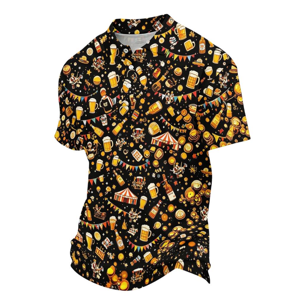 Unisex ležérní polo tričko volného střihu s krátkým rukávem a vzorem inspirovaným pivním festivalem. Lehké prodyšné látky pro každodenní nošení.