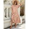 A Vacation-style Short-sleeved Floral Floral Dress with A Cinched-waist Tie and Cotton Silk Beach