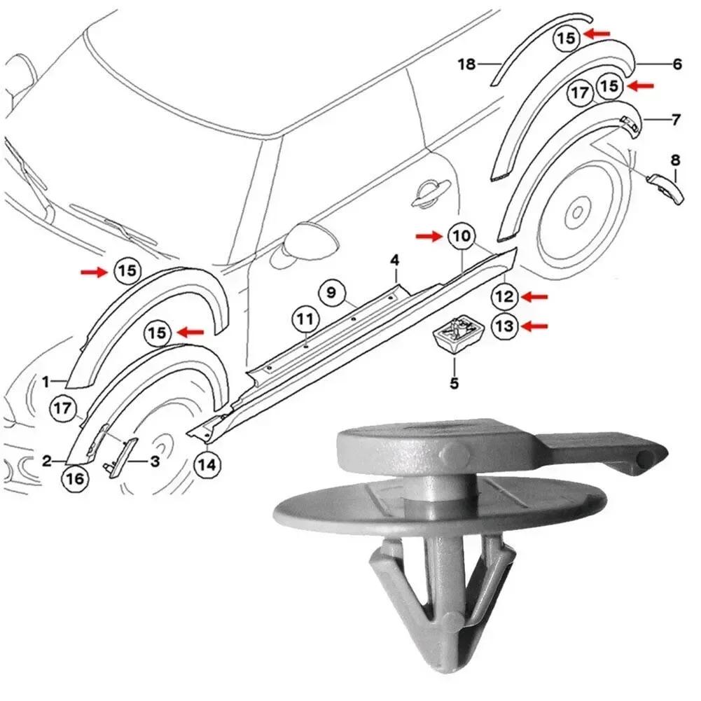 10 Pezzi Clip per Modanatura Passaruota Per BMW Per Mini Per Cooper R50 R52 R55 R56 Clip Parafango Rivetti di Plastica 07132757821