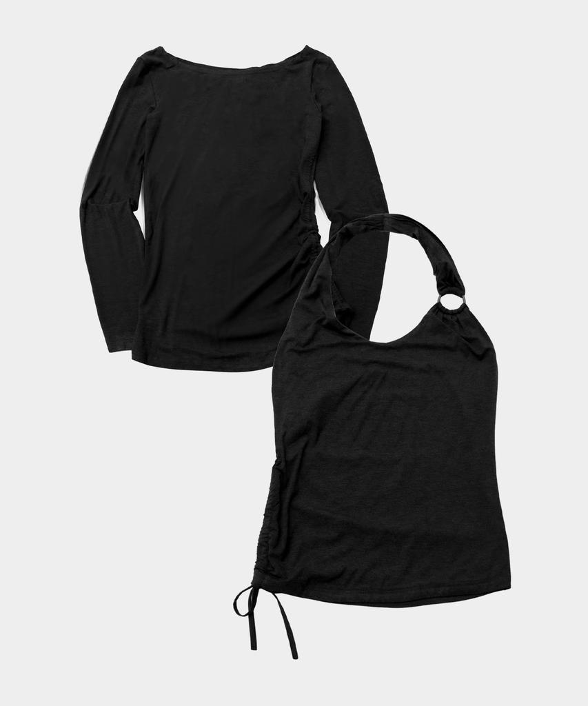 PLACE STUDIO Halter Neck Shirred Strap O-Ring Point Layered Sleeveless T-Shirt Set _3 Colors