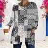 Women Plus Size Round Neck Long Sleeve Black Grey White Printed Loose Longline T Shirt With Pockets