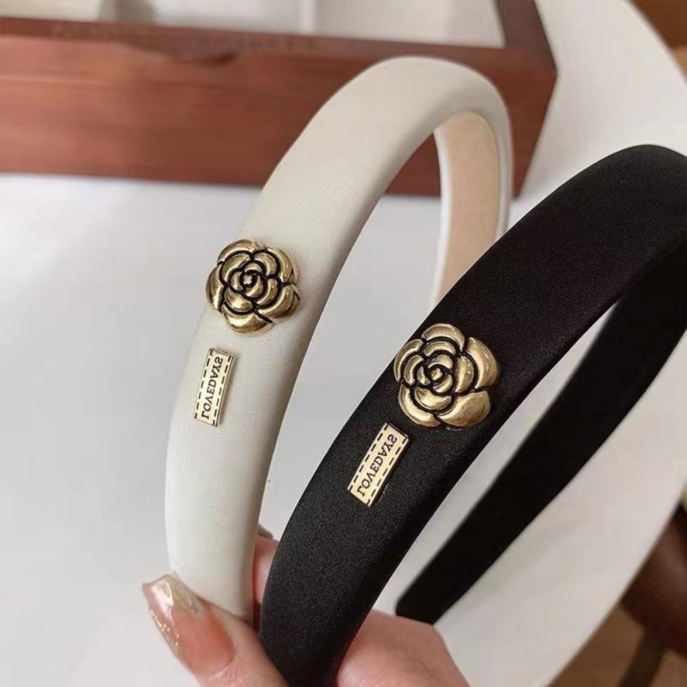 Elegant Sponge Headbands for Women Simple Pearl Camellia Headband Black White Hairband Girls Hair Accessories Headwear