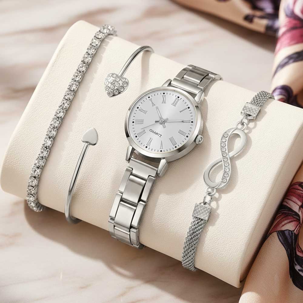 

4PCS Fashion Women s Watch Set Trendy Luxury Simple Roman Numerals Scale Round Dial Quartz Watch Bracelet Set Perfect Gift серебряный