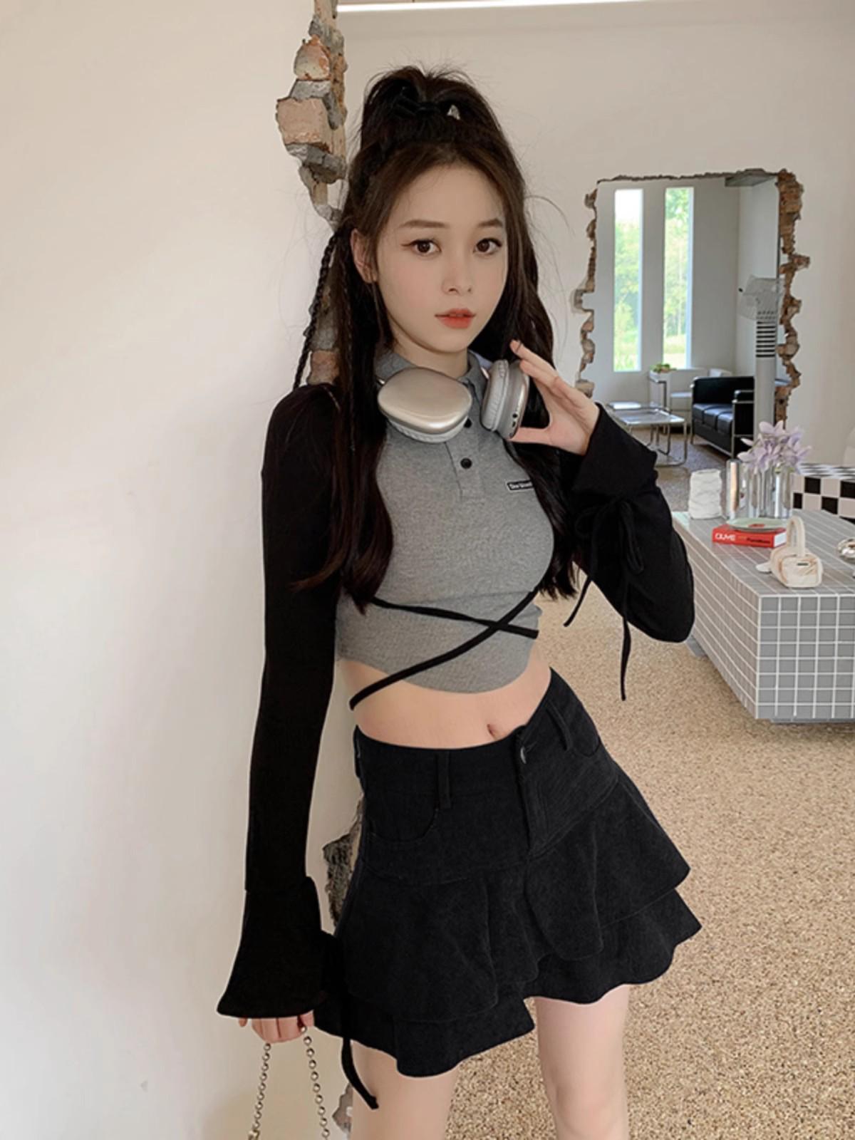 

Женская юбка миди А-силуэта из хаки вельвета с плиссировкой и высокой талией для осени/зимы - облегающая и расклешенная с дизайном «рыбий хвост» L [Recommended 115-125 jin] чёрный