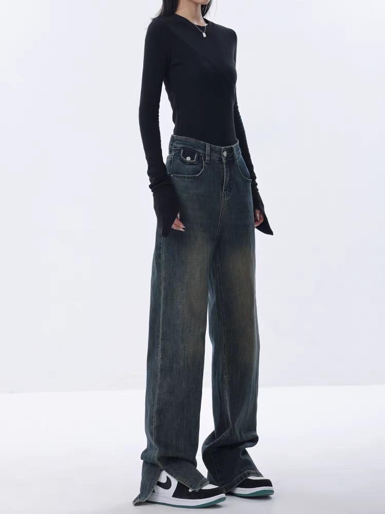 

KEN STUDIO Women s Autumn Straight-Leg Slit Jeans L синий