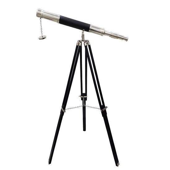 Marine Brass Telescope Single Barrel Wooden Adjustable Tripod Floor Standing Black Leather Chrome Finish Home Office Decor