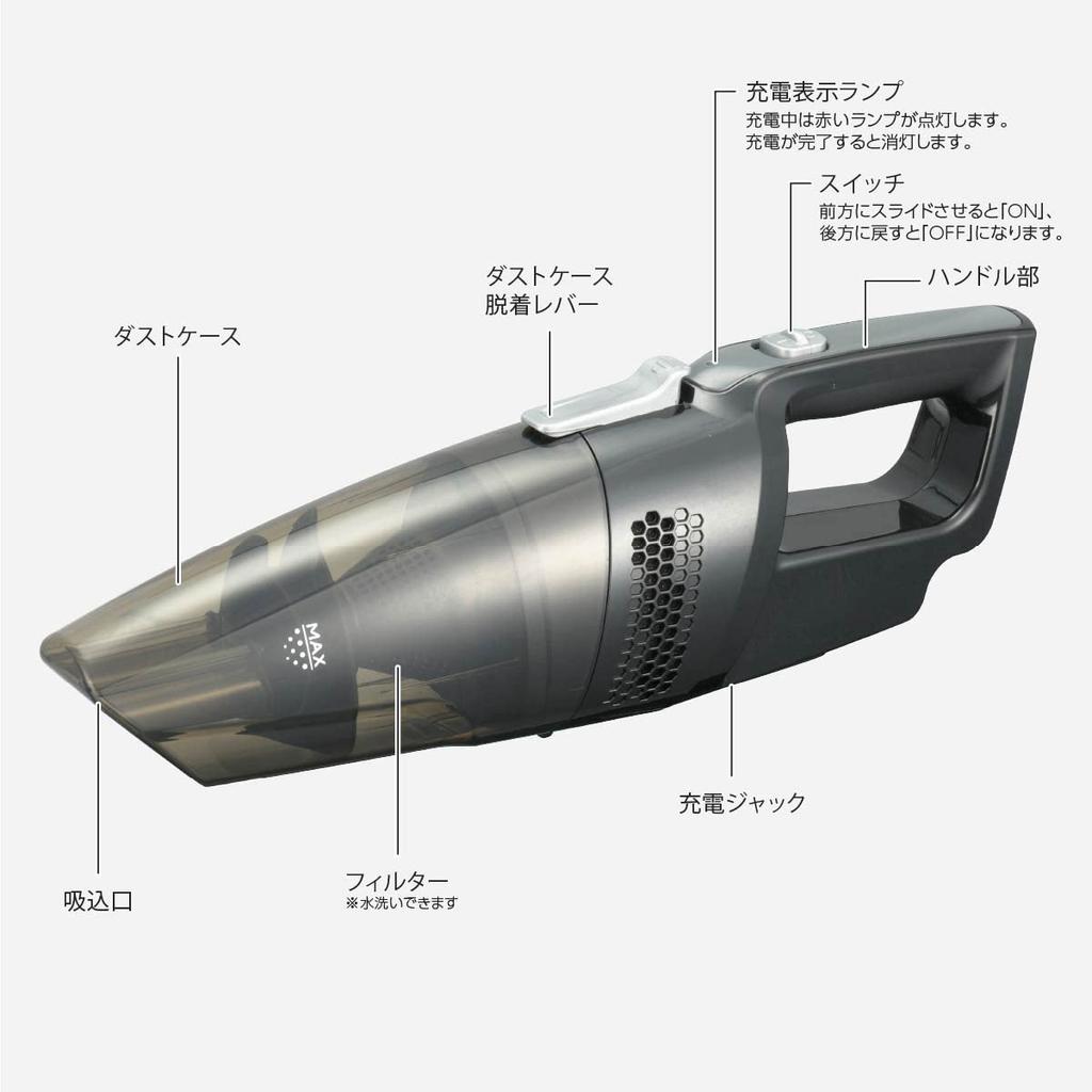 OHM SOJ-H17N 08-1493 Rechargeable Cordless Handheld Vacuum Cleaner with Brush Nozzle and Flat Nozzle, No Paper Bag Required, Dust Cup Type, Black