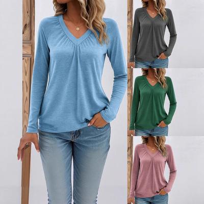 2026 New Women's Casual Long-Sleeve V-Neck T-Shirt Solid Color Versatile Top