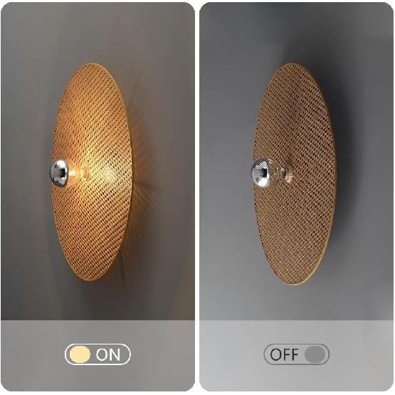 Round Rattan Wall Sconce Rustic Wall Light Handwoven Wall Sconces Lighting Fixture Vintage Circular Wall Mount Lights Living Room Wall Sconces