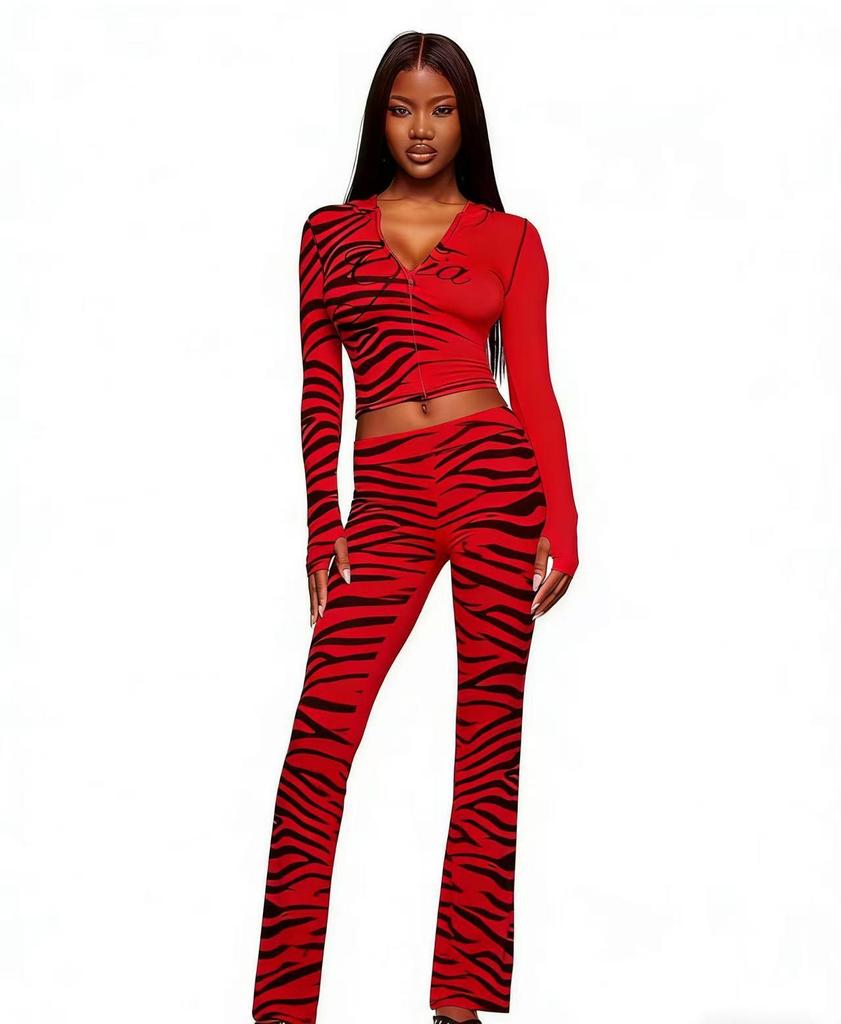 European & American Animal Print Hooded Color Block Elastic Jacket & Pants Set