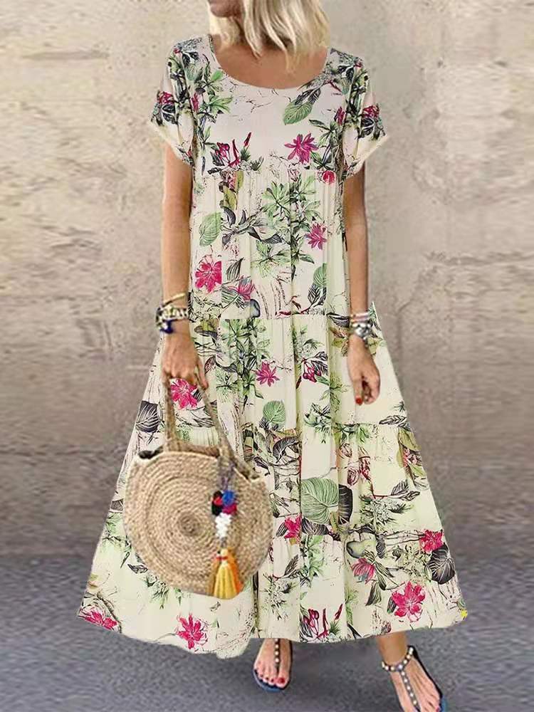 

Women s Retro Floral Print Short Sleeve Crew Neck Dress 5XL