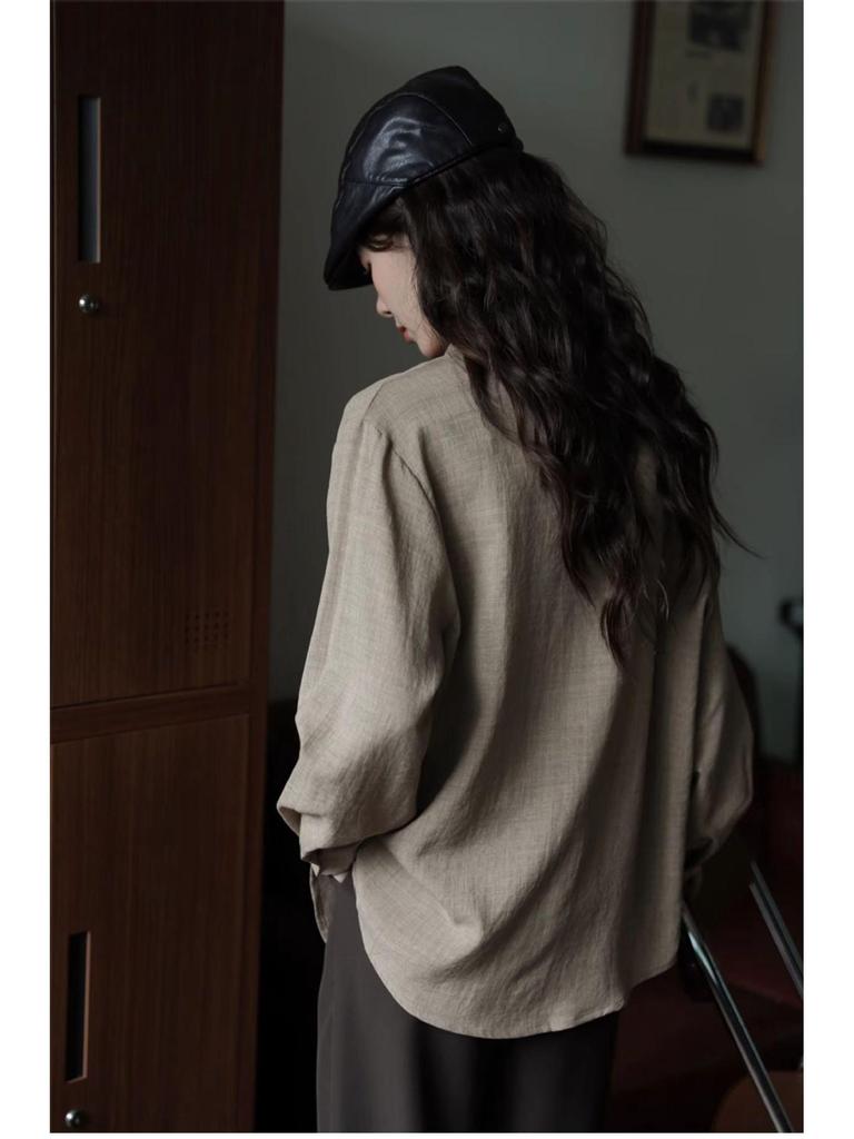 Women's Retro Hong Kong Style Green Cotton-Linen Long Sleeve Shirt, Slim Fit for Spring and Autumn