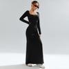 Women Black Square Neck Knit Long Sleeve Bodycon Sexy Party Long Dress