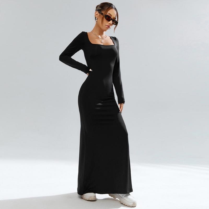 Women Black Square Neck Knit Long Sleeve Bodycon Sexy Party Long Dress