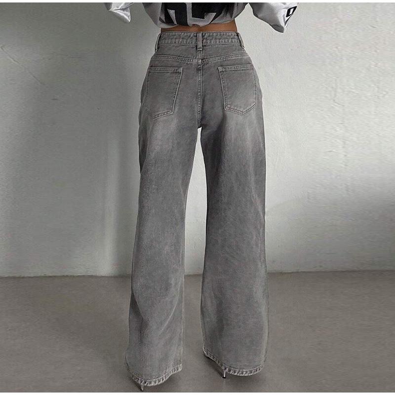 Gray Vintage Baggy Jeans Woman Streetwear High Waist Y2K Wide Leg Denim Pants Loose Female Hip Hop Trousers 2000s Spring Autumn New