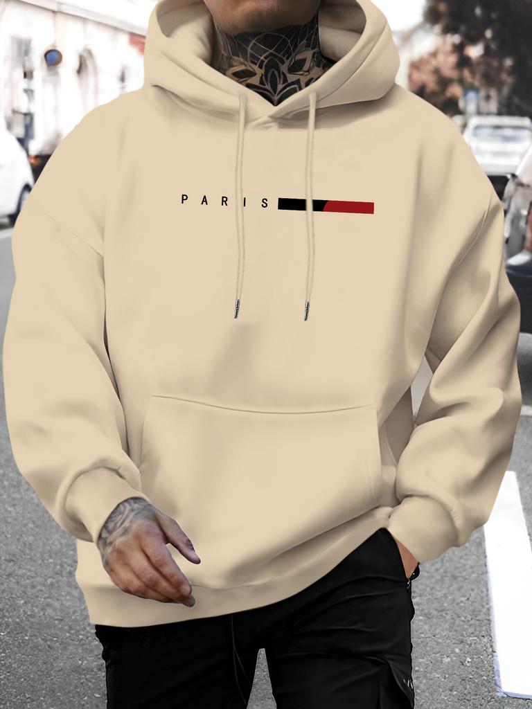 Men's Paris Letter Print Hoodie 100% Polyester Regular Fit Long Sleeve Pullover with Drawstring Hood Autumn  Sweatshirt