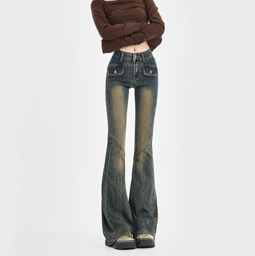 Retro Splicing Micro-pull Jeans Women's Spring New Design High-waisted Slim-fitting Elastic Flared Pants