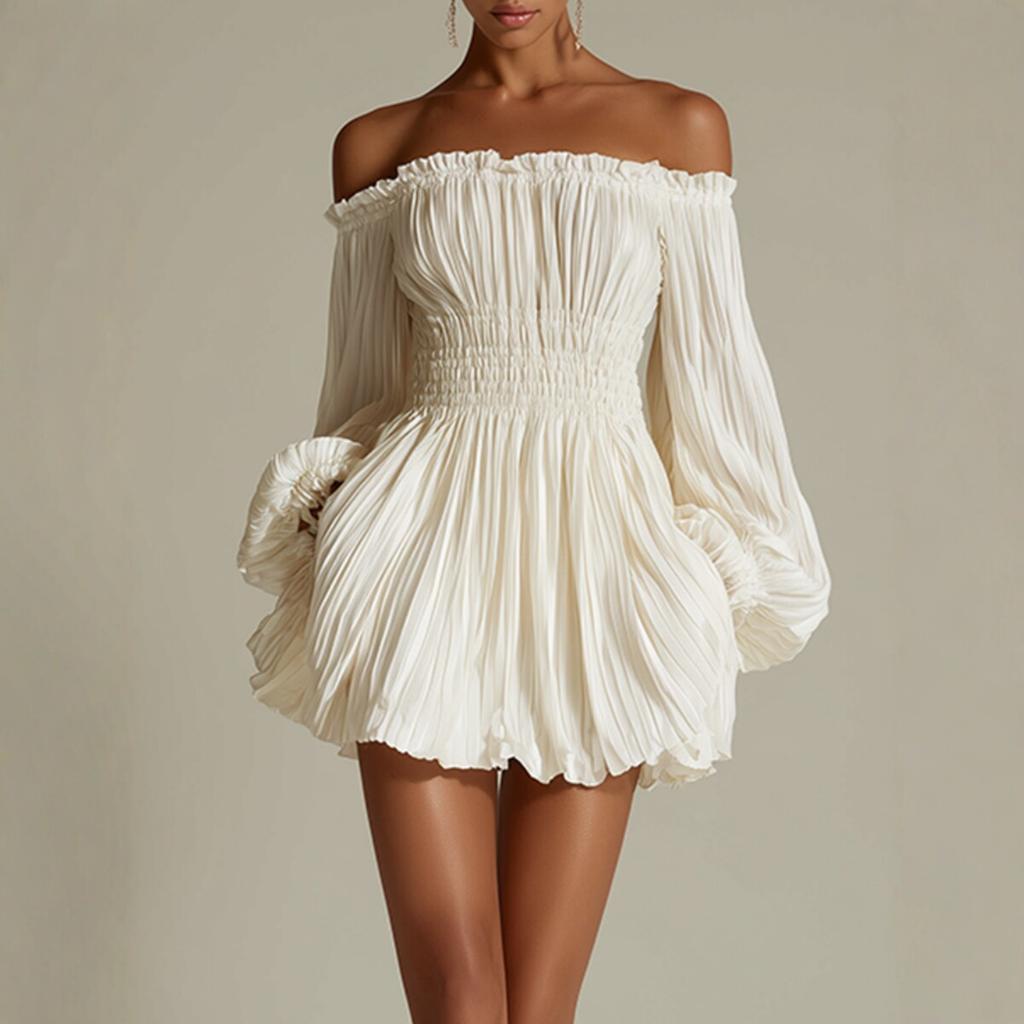 2026 European and American Women's Clothing One-word Shoulder Pleats Waist Thin Long-sleeved Dress Women