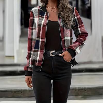 Women Jacket Stand Collar Long Sleeve Zipper Closure Short Jacket Plaid Print Ribbed Hem Cuff Casual Coat Daily Wear