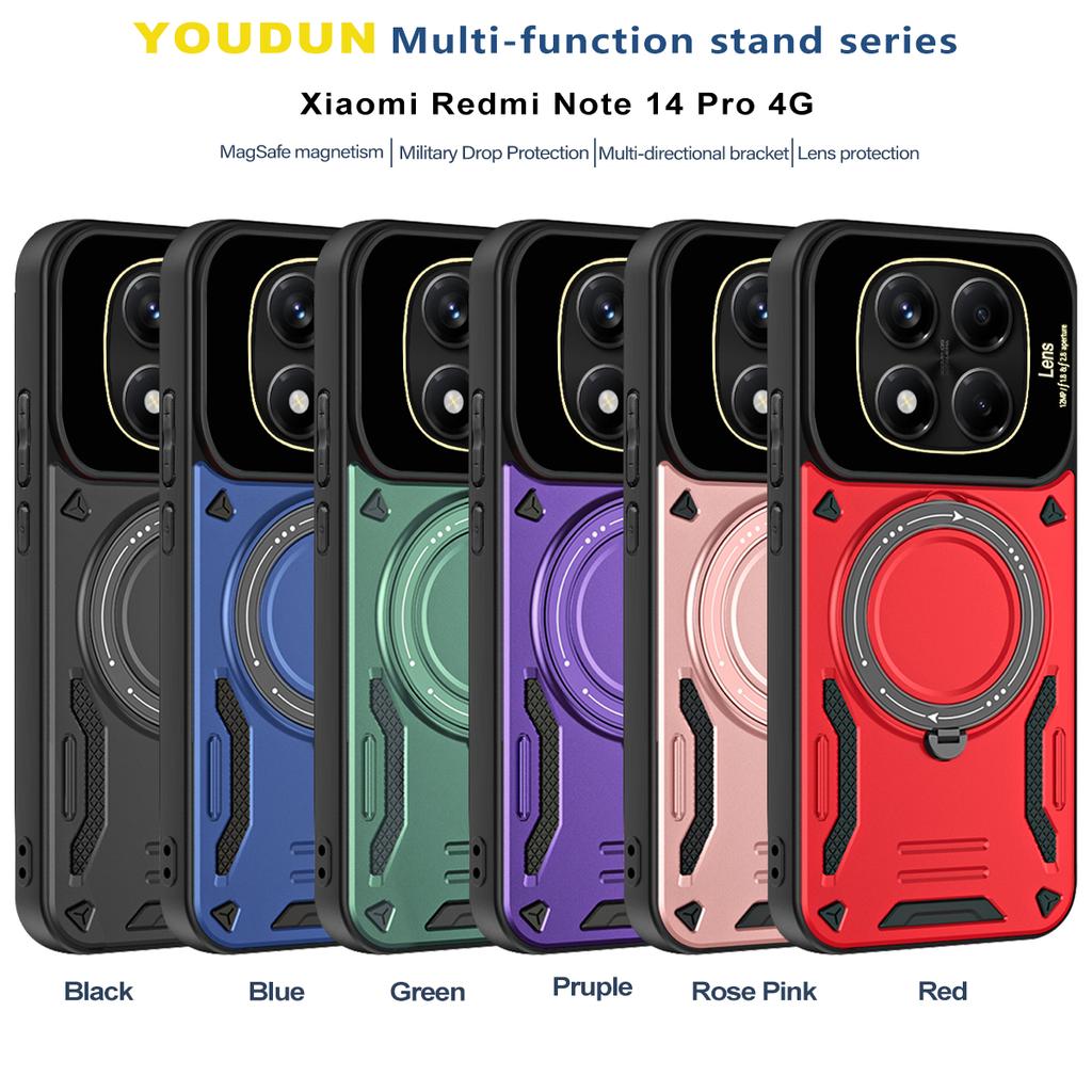 Luxury Armor Magsafe Wireless Charging Case For Xiaomi Redmi Note 13 14 Pro Plus 5G Note 14S 13 4G Magnetic Bracket Bumper Cover