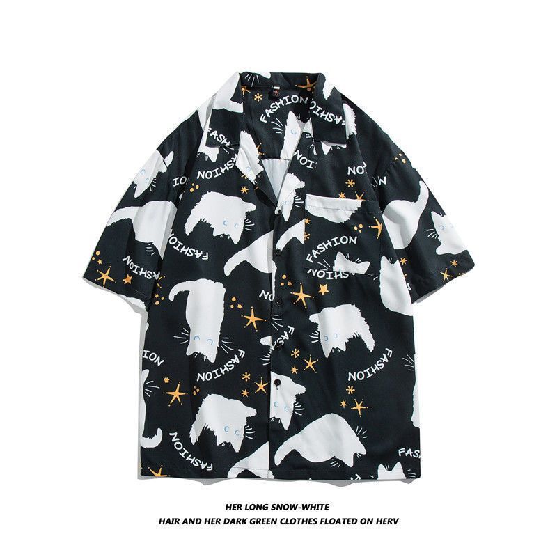 Straight Streetwear Fashion Casual Shirts Turn-down Collar Man Short Sleeve Button Printing Spring Summer Thin Men's Clothing