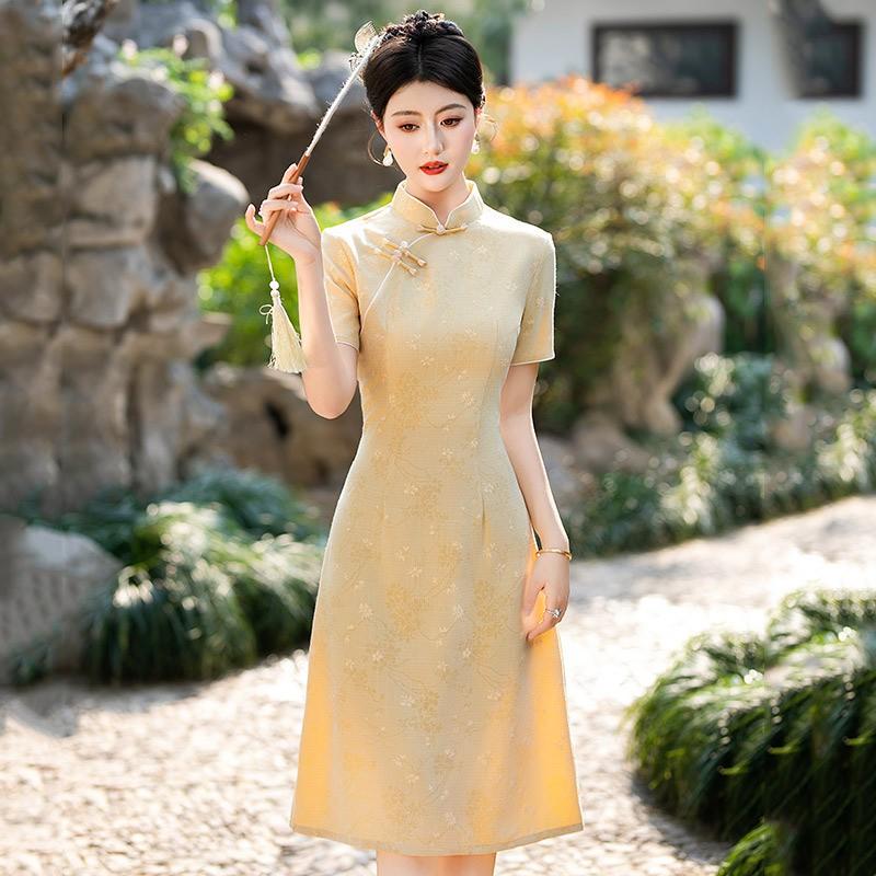 Slim Fit Chinese-Inspired Short Sleeve Dress Women Vintage Style 2025 Qipao