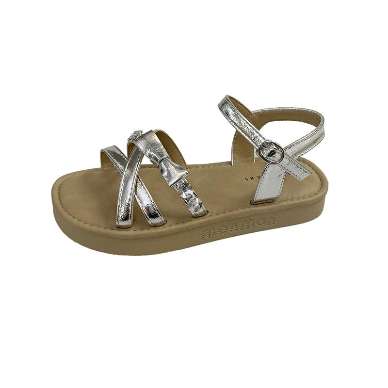 

Fashion Platform Roman Sandals New Summer Round Toe Open Toe Bow Rhinestone Soft Slip Sport Strap Flat Beach Shoes 35 серебряный