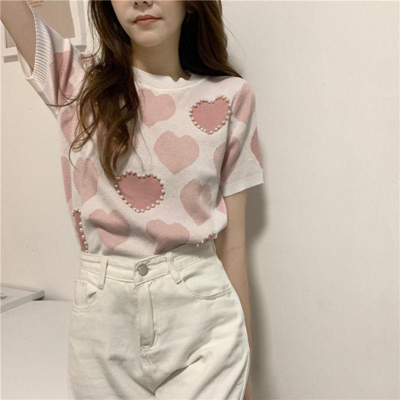 Ice Silk Knitted Short Sleeved Women's Summer Thin Design Niche French Gentle Style Short on Top Clothing