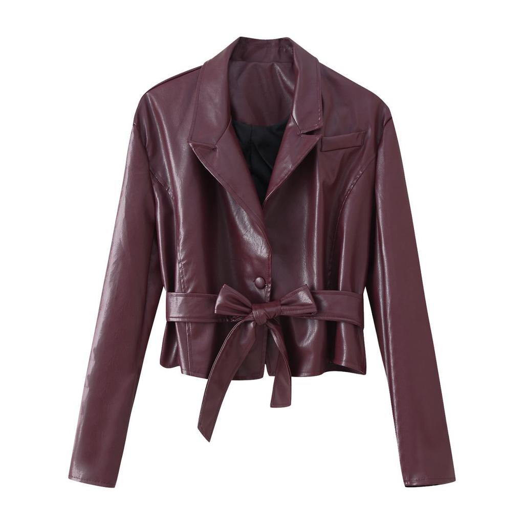 European and American Women's Retro Distressed Faux Leather Lapel Jacket