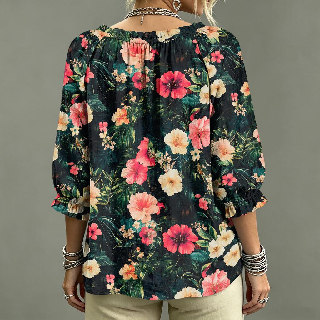 Women's Casual V-Neck Printed Tie Ruffle Blouse for Everyday Wear