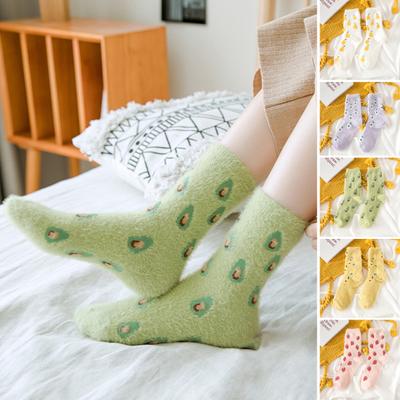 1 Pair Candy Color Mid-tube Thickened Thermal Socks Women Winter Fruit Print Fluffy Socks