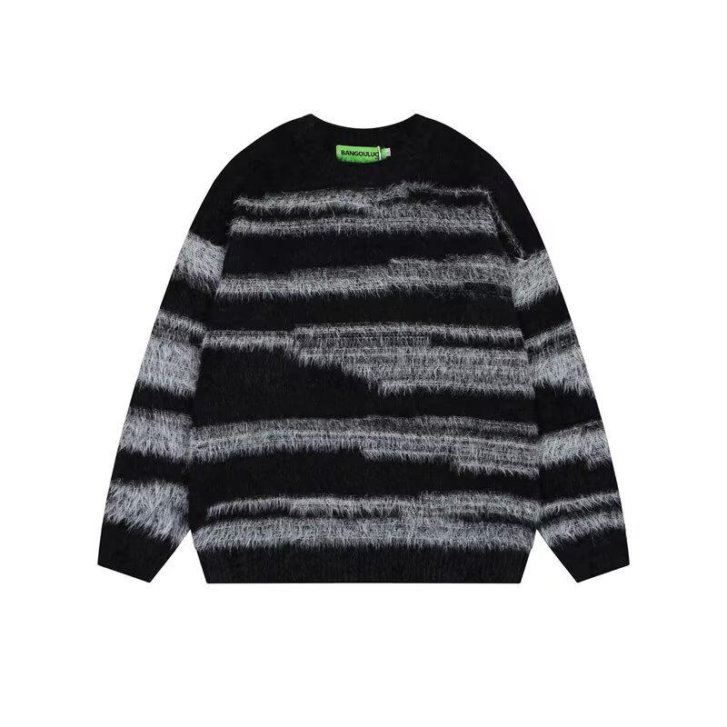 Guochao Men s Striped Faux Mink Fur Sweater - Soft, Loose-Fit Winter Knit Top Medium