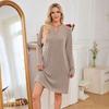 Women's Fall Winter Ribbed Knit Dress Casual Long Sleeve V Neck Mini Dress Loose Pullover Sweater Dress with Pockets