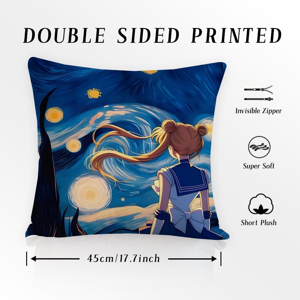 S-SAILOR Anime M-MOON Pillow Case Pillowcase Anti-dustmite Pillow Invisible Zipper Silky Short Plush Sofa Cushion Cover