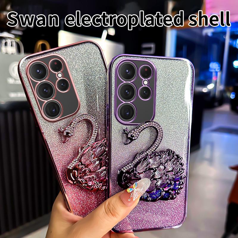 Suitable for Samsung S25 Ultra Quicksand Diamond Inlaid Swan Bracket Mobile Phone Case A17 Flash Powder A35 Anti Fall A52 Soft Shell 6