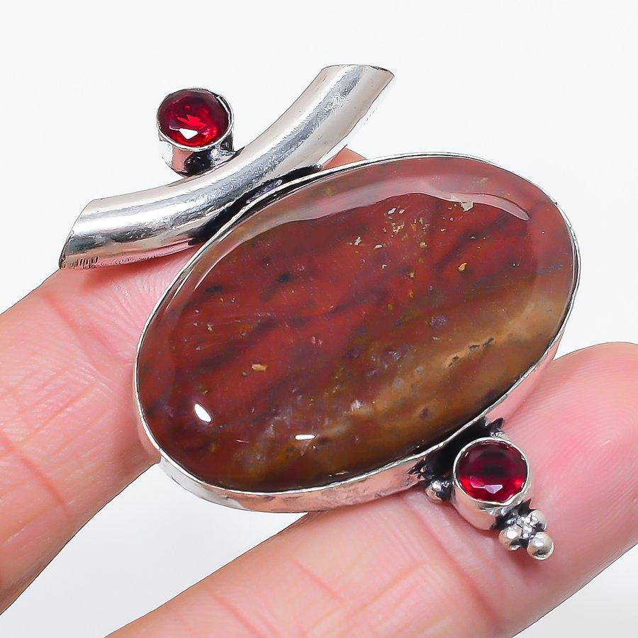 Natural Bloodstone, Garnet 925 Sterling Silver Jewelry Pendant 2.05" F2C56