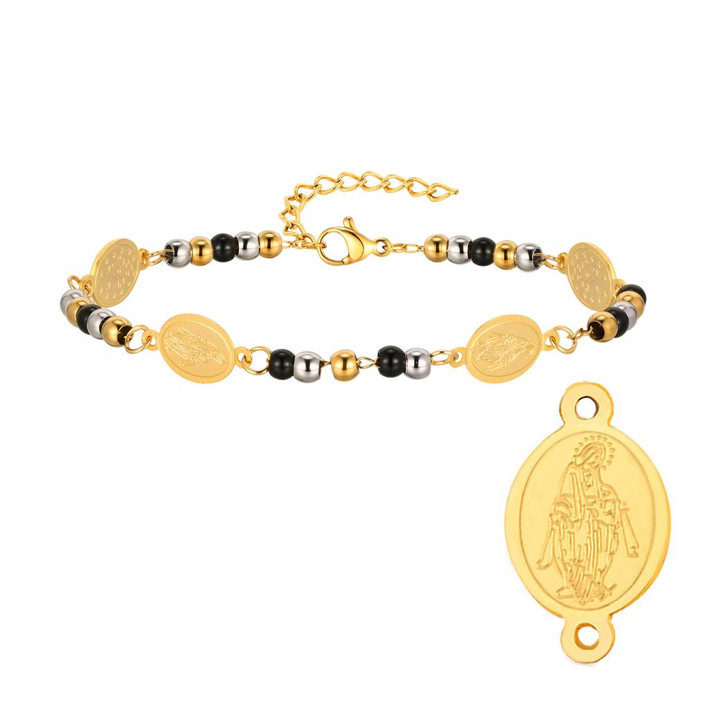Edelstahl Jungfrau Maria St. Benedikt Kreuz Armband, Perlenkette Armband Damen Religiöser Schmuck