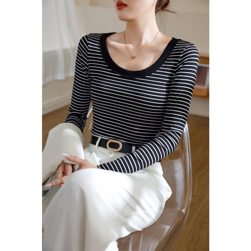 Spring Autumn Round Neck Vintage Striped Printing T-shirt Women Long Sleeve All-match Cotton Bottomed Tee Top