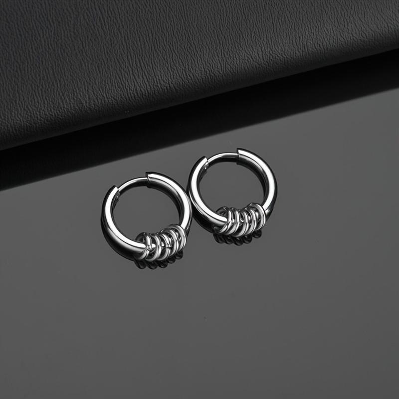 

2pcs Stainless Steel Hoop Earrings For Men Small Circle Metal Ball Anti-allergic Ear Buckle Rock Hip Hop Artificial Jewelry