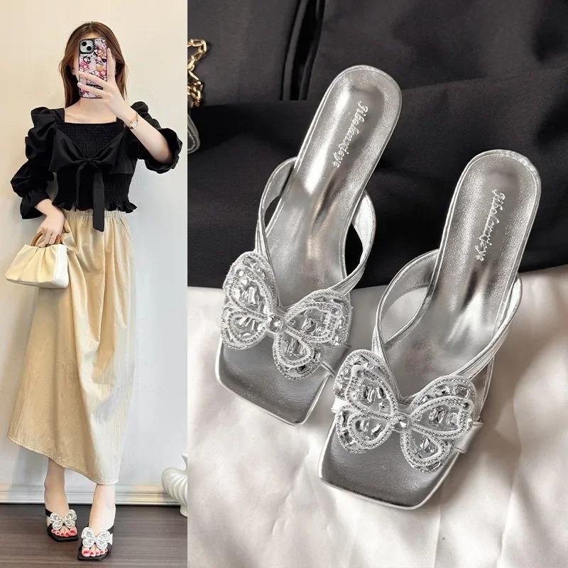 Fashionable Women's Summer Slippers Square Head Thin Heel Outdoor Wear PU Leather Rubber Bottom Ladies Slip-On Shoes